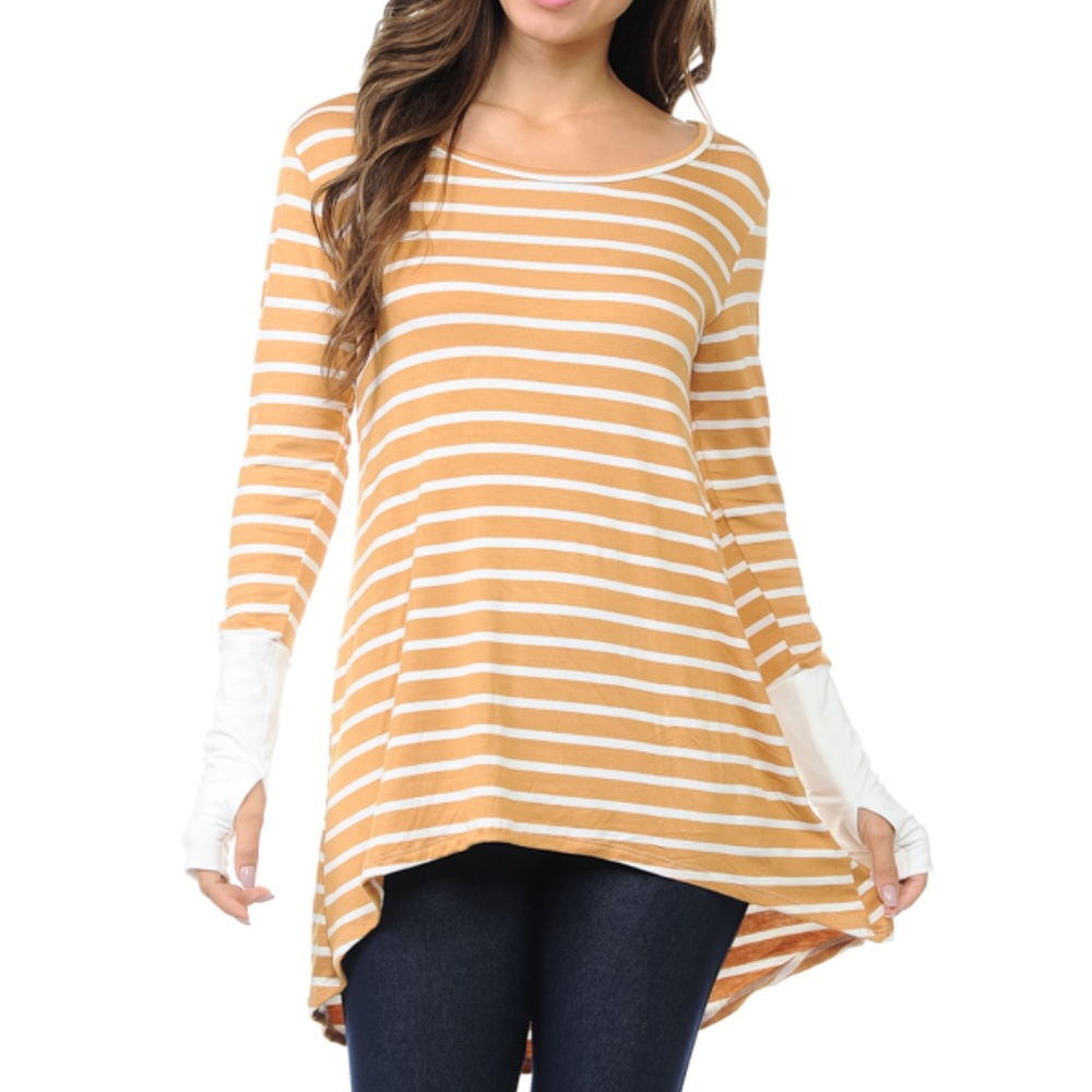 Gold & White Stripped High-Lo/W Thumb Hole Tunic